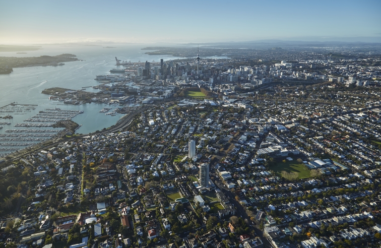 An aeiral view of suburb of Herne Bay looking towards Auckland Central 