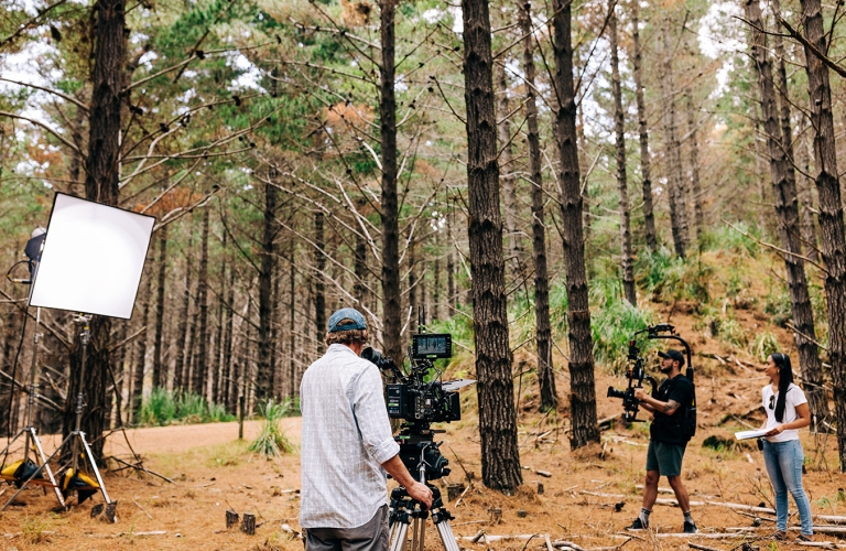 Production filming in the forest
