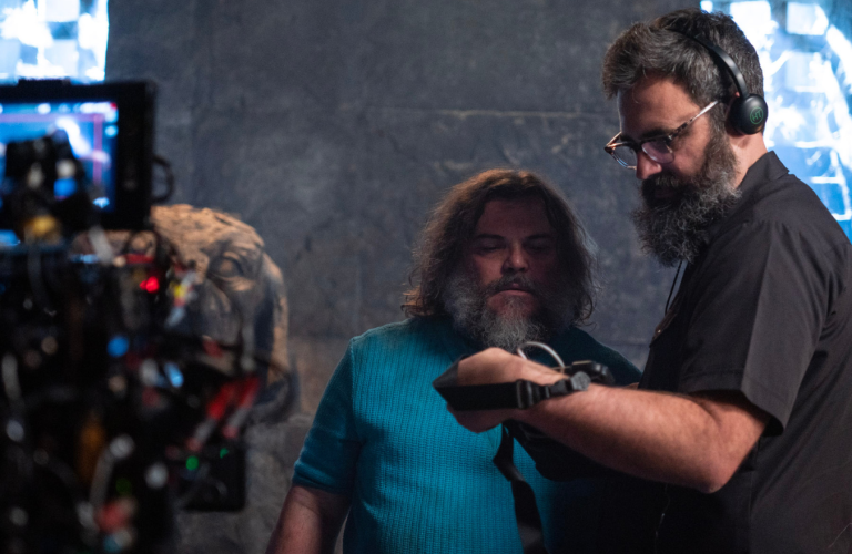 Jared Hess and Jack Black checking a shot while filming A Minecraft Movie