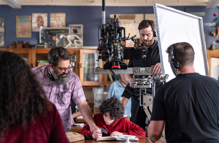Jared Hess and Sebastian Eugene Hansen filming a scene in A Minecraft Movie