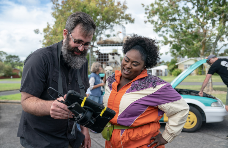 Jared Hess and Danielle Brooks check a shot while filming A Minecraft Movie