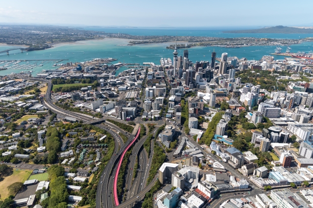 Aerial photo of Auckland CBD with Te Ara I Whiti - the Pink Path