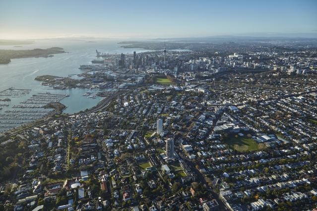 An aeiral view of suburb of Herne Bay looking towards Auckland Central 