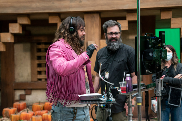 Jason Momoa and Jared Hess on the village set of A Minecraft Movie